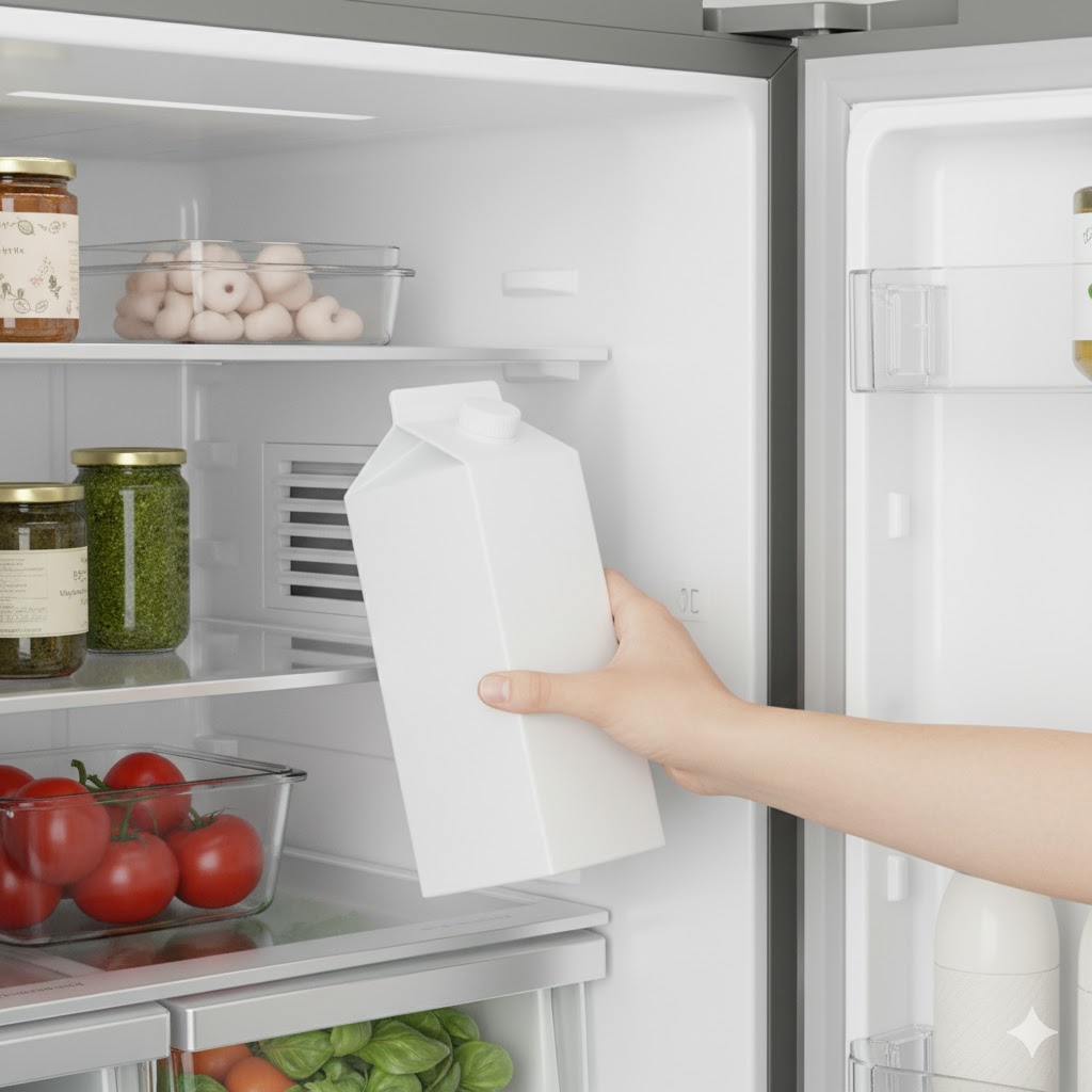 Hand pulling back a carton of milk, revealing a refrigerator cold air vent blocked by food packaging.