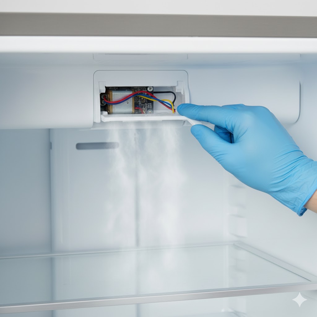 Close-up of a hand inspecting the air damper control flap, where cold air enters the fridge, to check for jams or debris.